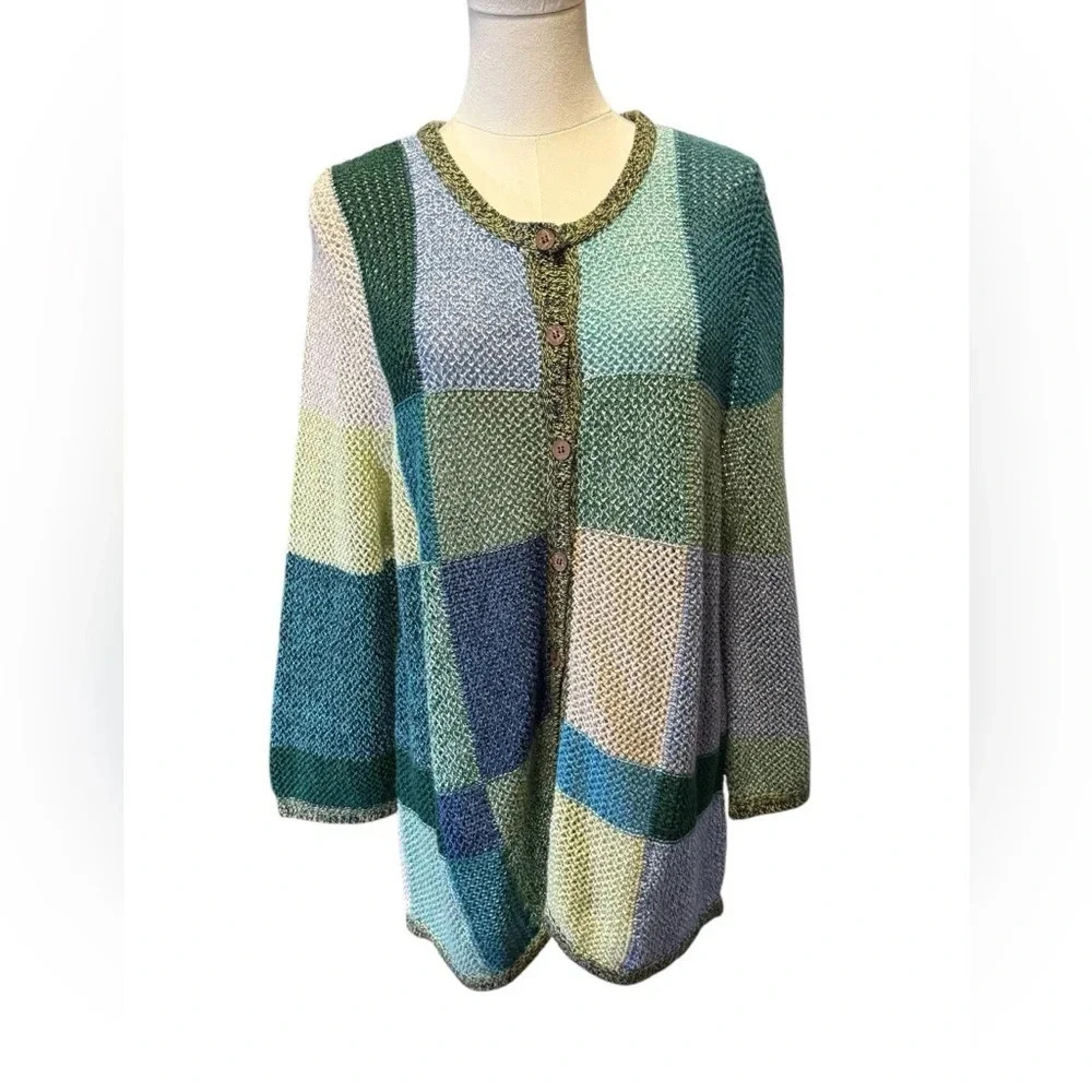Patchwork Cottagecore Open Knit Blue Green Button Cardigan Sweater Womens Large - Picture 3 of 13